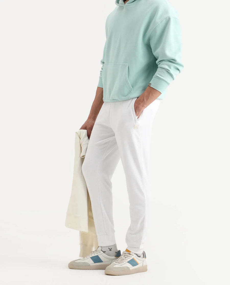 Rare Rabbit Men's Titan White Cotton Plain Regular Fit Joggers