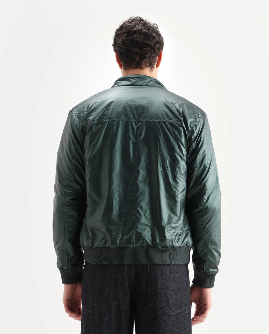 Rare Rabbit Men's Carpi Green Polyester Plain Regular Fit Full Sleeve Mandarin Collar Jacket
