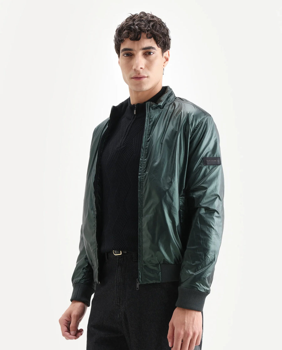 Rare Rabbit Men's Carpi Green Polyester Plain Regular Fit Full Sleeve Mandarin Collar Jacket