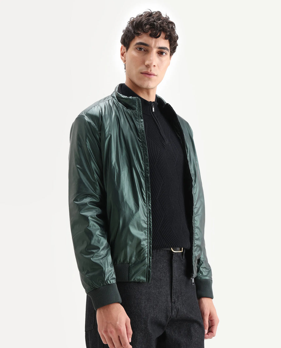 Rare Rabbit Men's Carpi Green Polyester Plain Regular Fit Full Sleeve Mandarin Collar Jacket