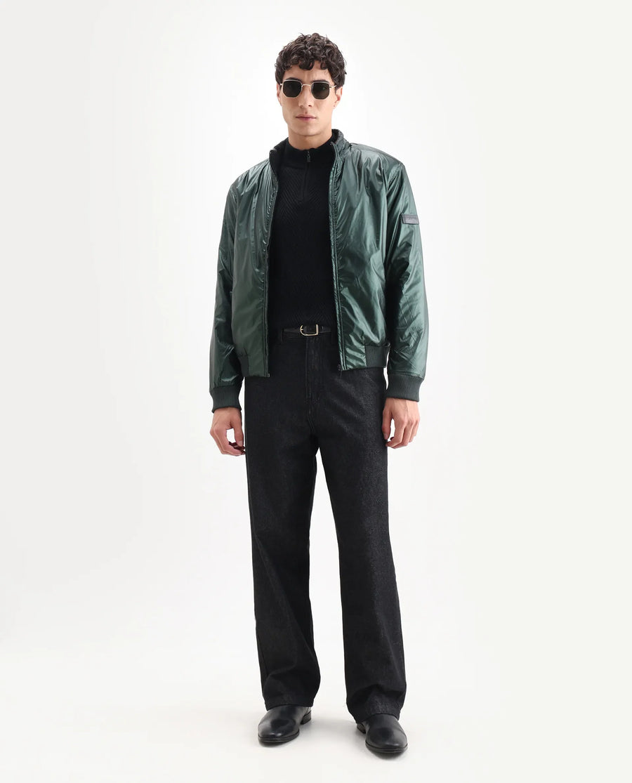 Rare Rabbit Men's Carpi Green Polyester Plain Regular Fit Full Sleeve Mandarin Collar Jacket