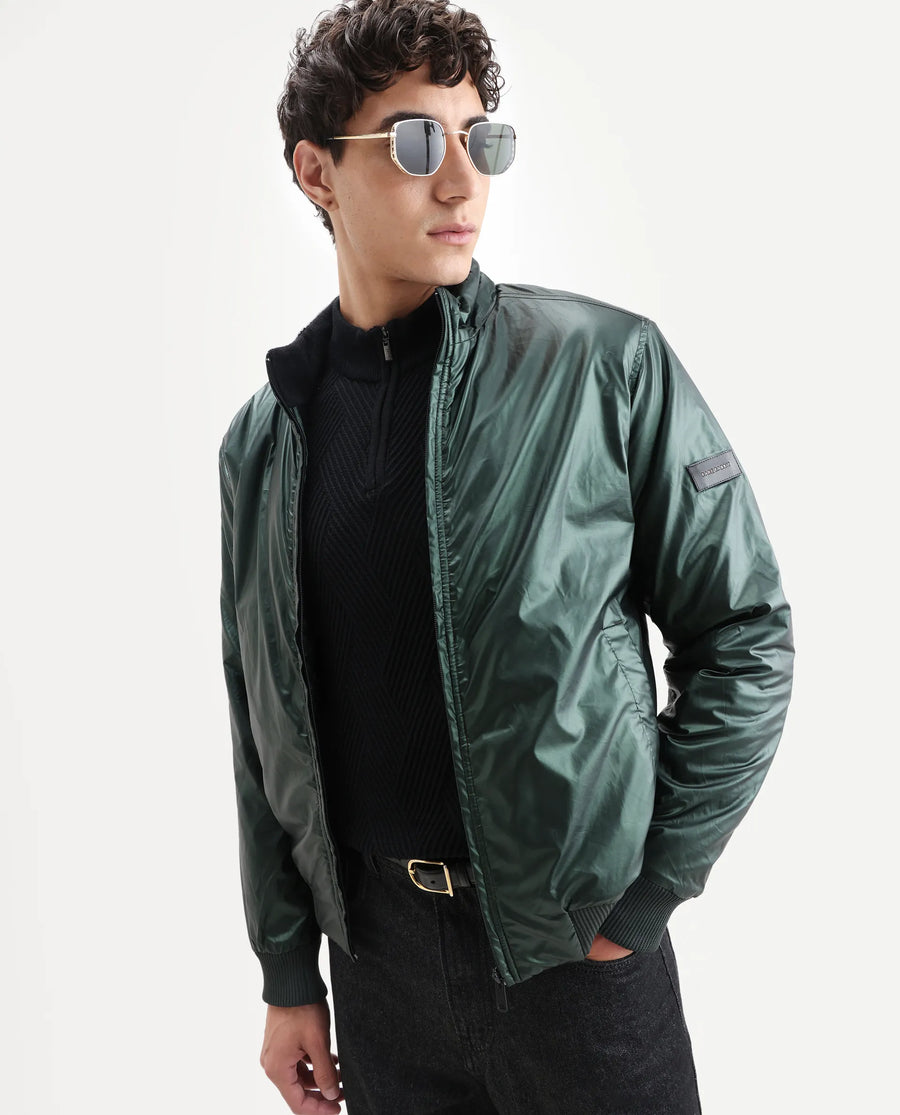 Rare Rabbit Men's Carpi Green Polyester Plain Regular Fit Full Sleeve Mandarin Collar Jacket
