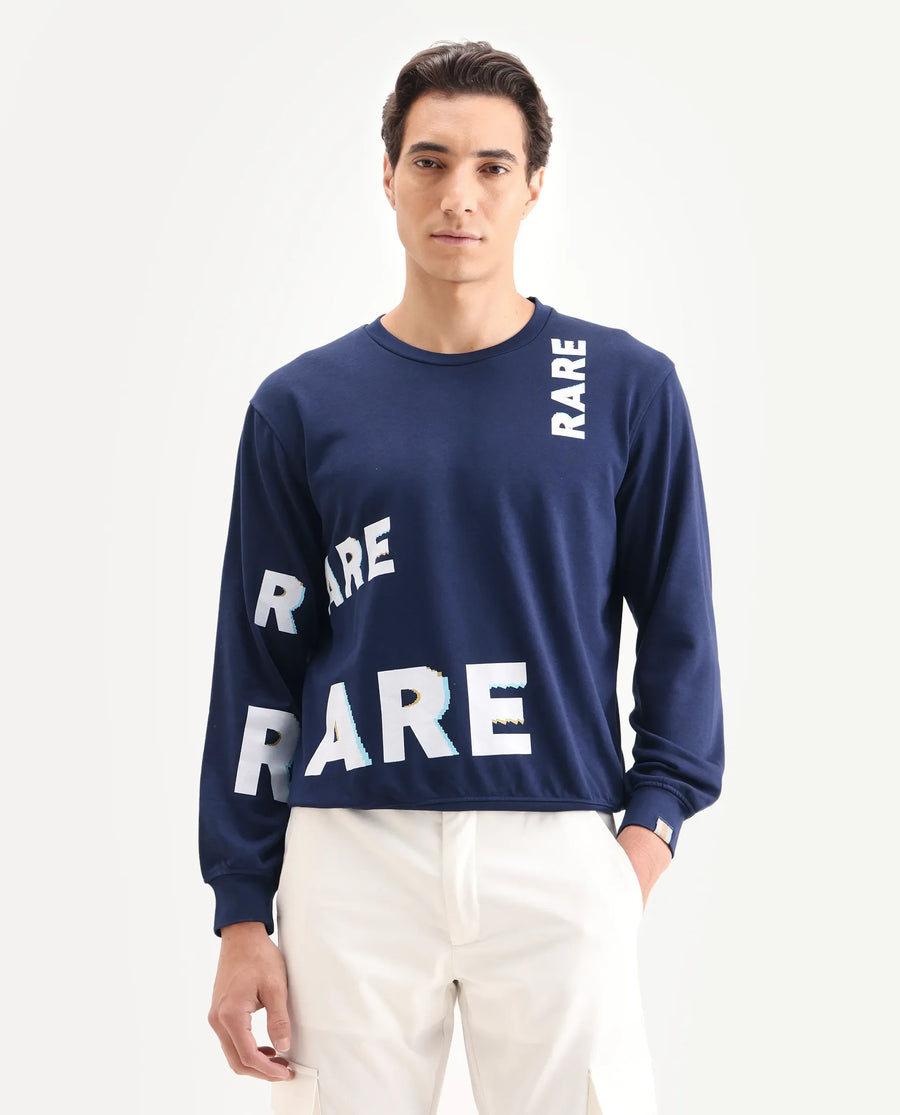 Rare Rabbit Men's Clovis Navy Cotton Monogram Print Regular Fit Full Sleeve Crew Neck Sweatshirt