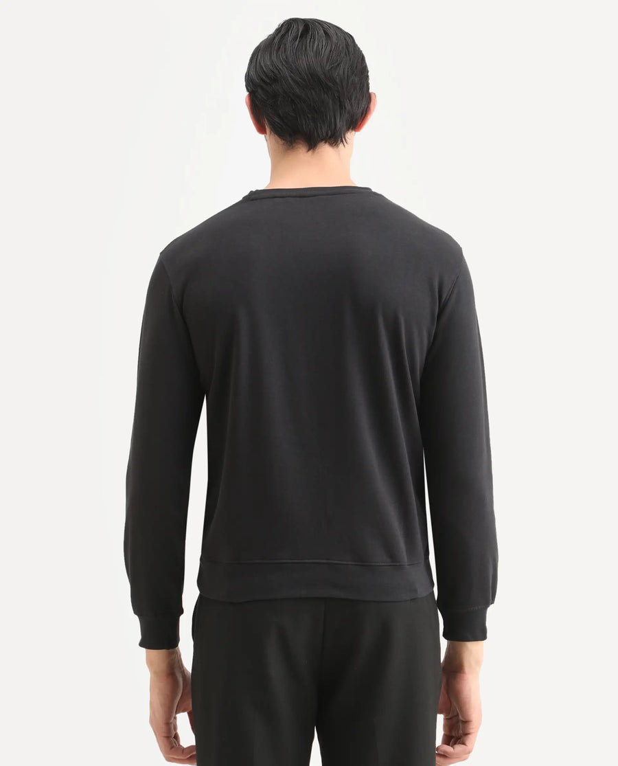 Rare Rabbit Men's Neor Black Cotton Embroidered Regular Fit Full Sleeve Crew Neck Sweatshirt