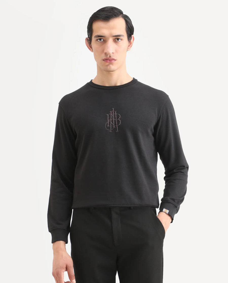 Rare Rabbit Men's Neor Black Cotton Embroidered Regular Fit Full Sleeve Crew Neck Sweatshirt