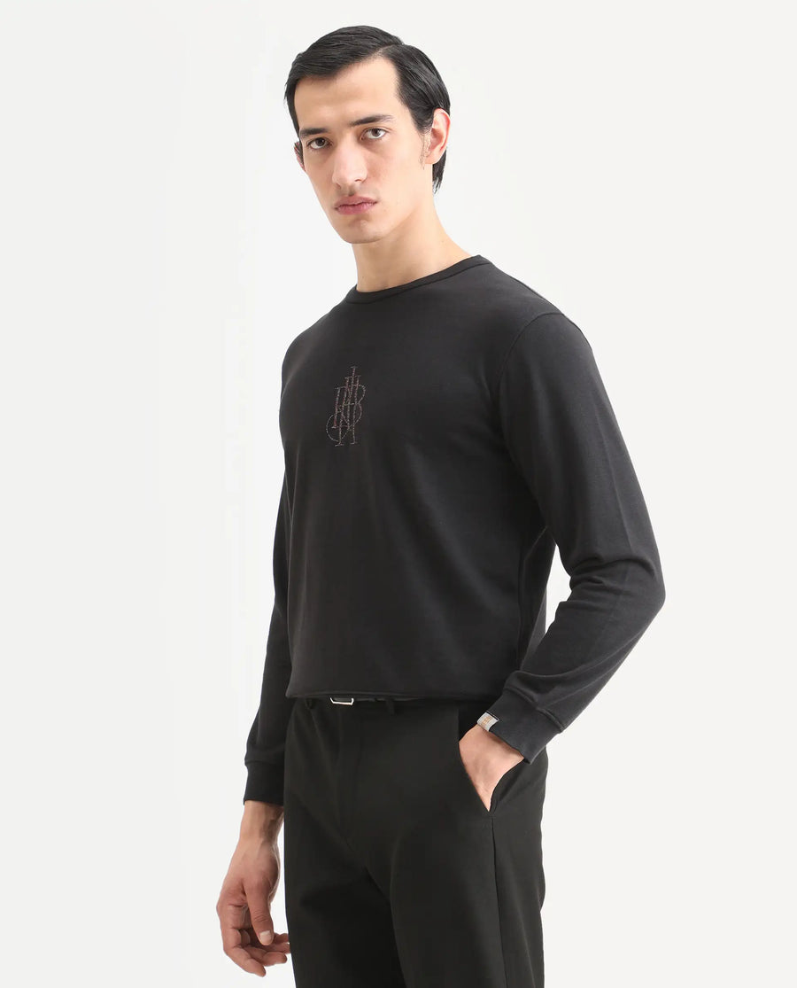 Rare Rabbit Men's Neor Black Cotton Embroidered Regular Fit Full Sleeve Crew Neck Sweatshirt