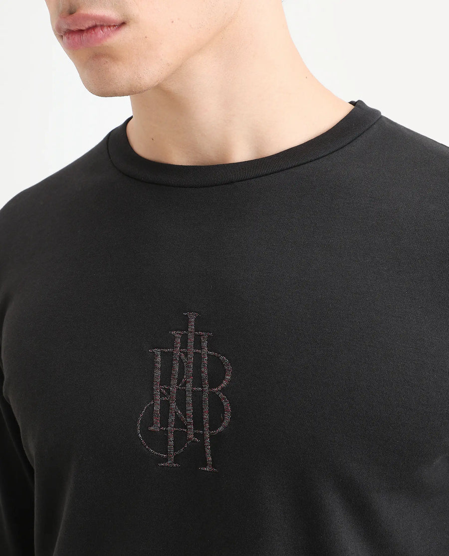 Rare Rabbit Men's Neor Black Cotton Embroidered Regular Fit Full Sleeve Crew Neck Sweatshirt