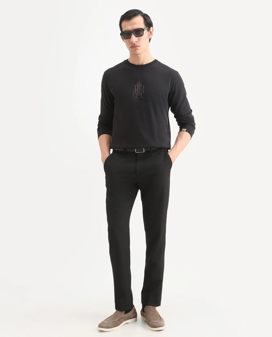 Rare Rabbit Men's Neor Black Cotton Embroidered Regular Fit Full Sleeve Crew Neck Sweatshirt