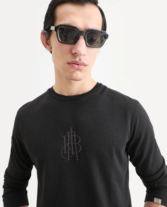 Rare Rabbit Men's Neor Black Cotton Embroidered Regular Fit Full Sleeve Crew Neck Sweatshirt