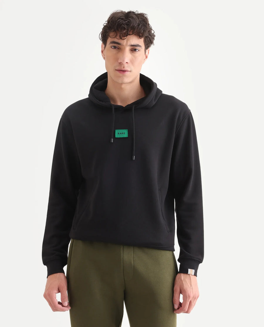 Rare Rabbit Men's Indo Black Cotton Plain Regular Fit Full Sleeve Hooded Sweatshirt