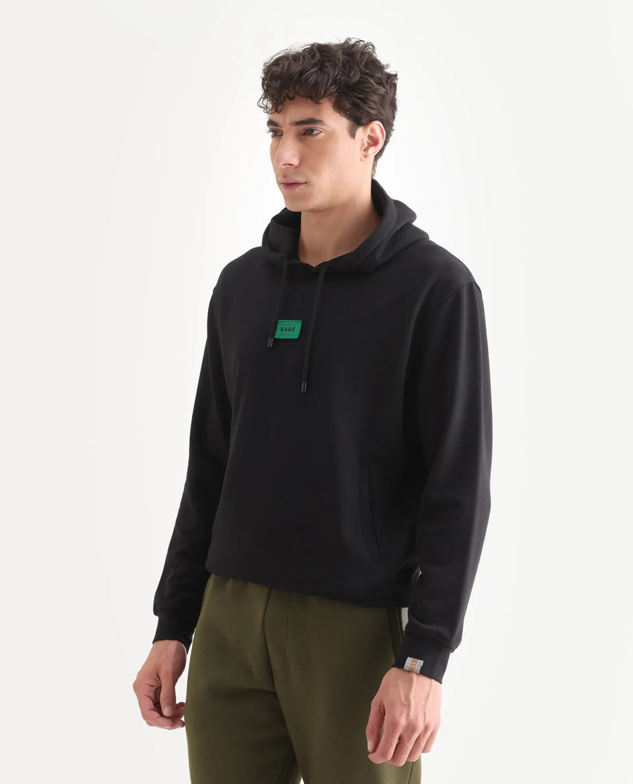 Rare Rabbit Men's Indo Black Cotton Plain Regular Fit Full Sleeve Hooded Sweatshirt