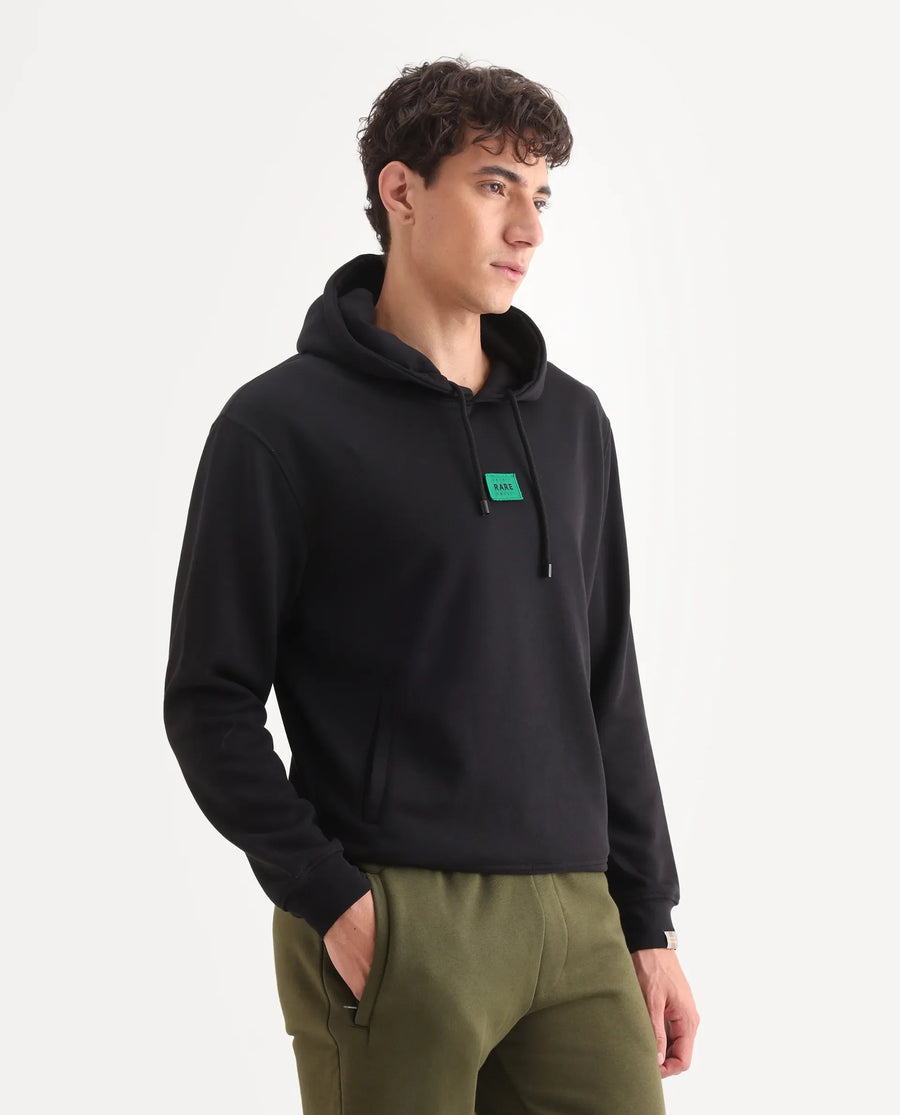 Rare Rabbit Men's Indo Black Cotton Plain Regular Fit Full Sleeve Hooded Sweatshirt