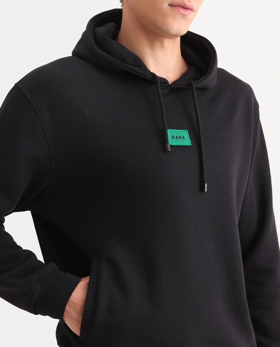 Rare Rabbit Men's Indo Black Cotton Plain Regular Fit Full Sleeve Hooded Sweatshirt