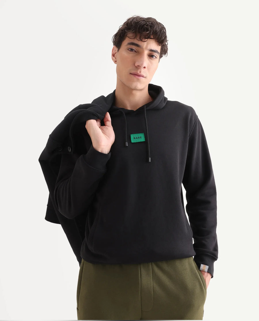 Rare Rabbit Men's Indo Black Cotton Plain Regular Fit Full Sleeve Hooded Sweatshirt
