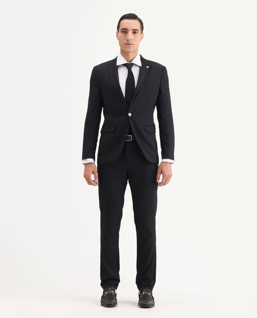 Rare Rabbit Men's Zeta Navy Viscose Jacquard Tailored Fit Full Sleeve Lapel Neck Suits