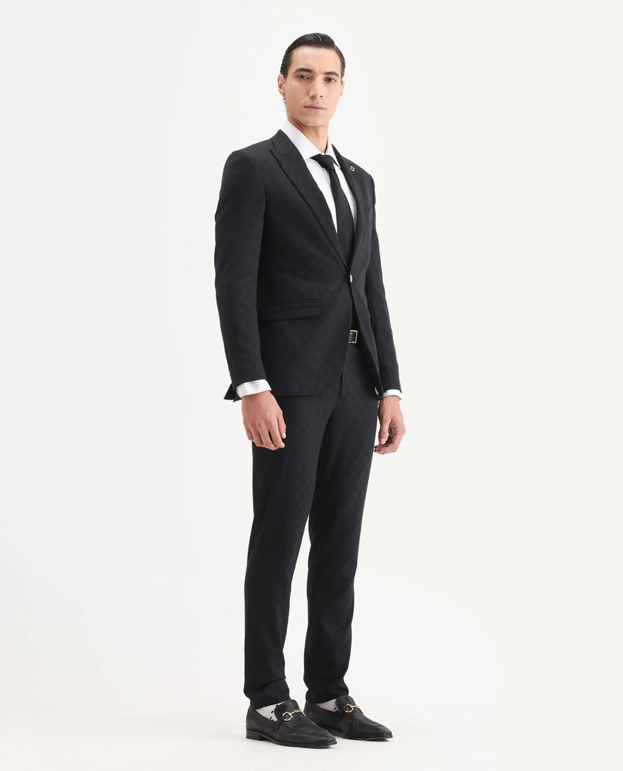 Rare Rabbit Men's Zeta Navy Viscose Jacquard Tailored Fit Full Sleeve Lapel Neck Suits