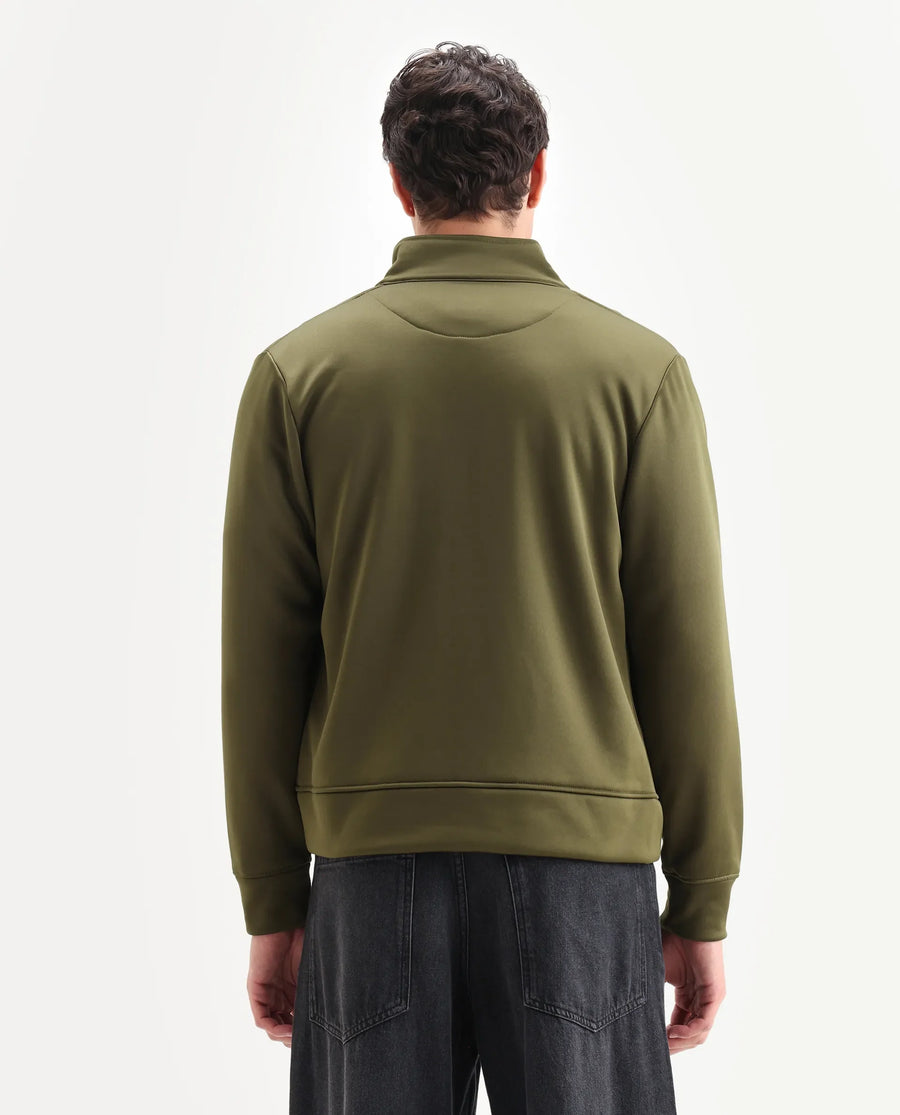 Rare Rabbit Men's Bond Olive Polyester Plain Regular Fit Full Sleeve High Neck Jacket