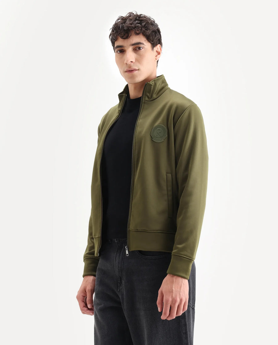 Rare Rabbit Men's Bond Olive Polyester Plain Regular Fit Full Sleeve High Neck Jacket
