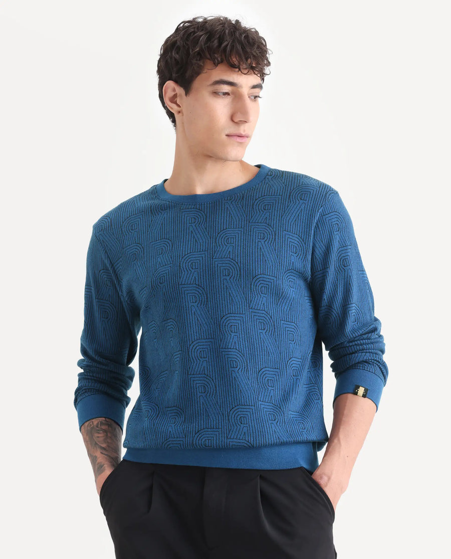 Rare Rabbit Men's Ove Blue Cotton Graphic Print Relaxed Fit Full Sleeve Crew Neck Sweatshirt