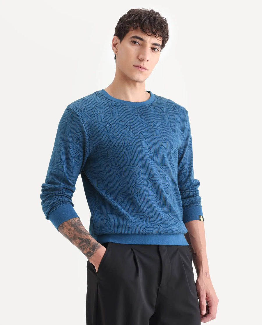 Rare Rabbit Men's Ove Blue Cotton Graphic Print Relaxed Fit Full Sleeve Crew Neck Sweatshirt