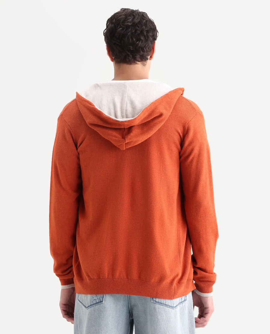 Rare Rabbit Men's Pisa Orange Cotton Plain Relaxed Fit Full Sleeve Hooded Sweater