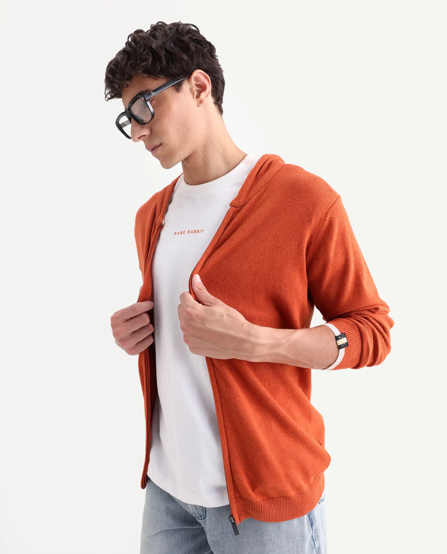 Rare Rabbit Men's Pisa Orange Cotton Plain Relaxed Fit Full Sleeve Hooded Sweater