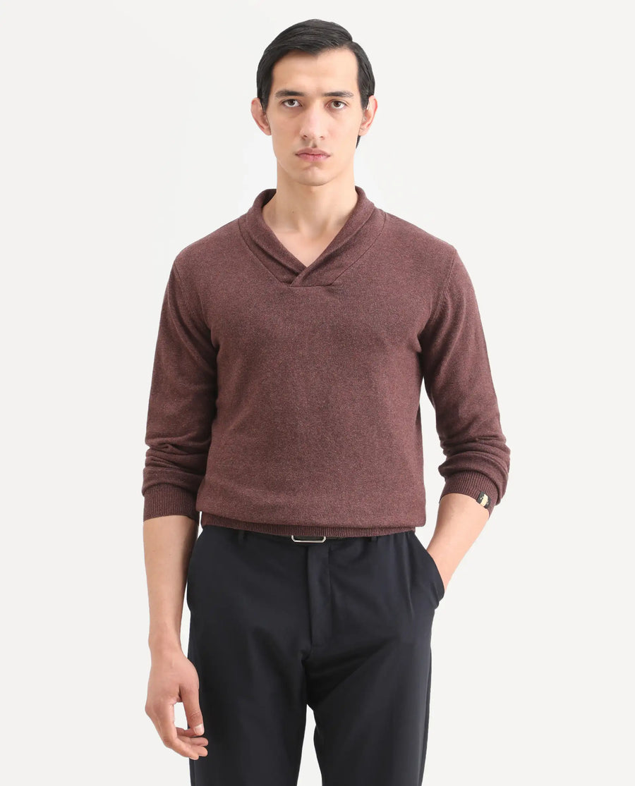 Rare Rabbit Men's Denvy Brown Cotton Plain Regular Fit Full Sleeve Shawl Neck Sweater