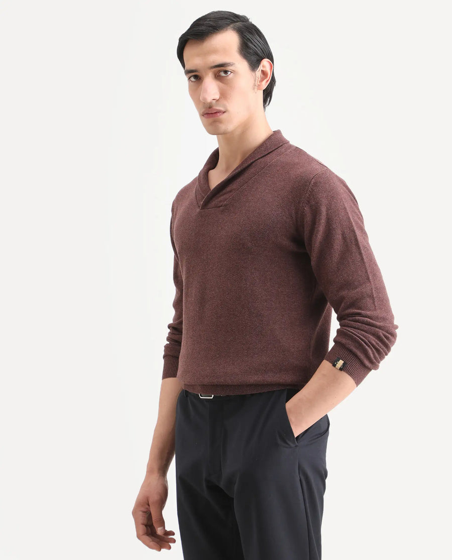 Rare Rabbit Men's Denvy Brown Cotton Plain Regular Fit Full Sleeve Shawl Neck Sweater