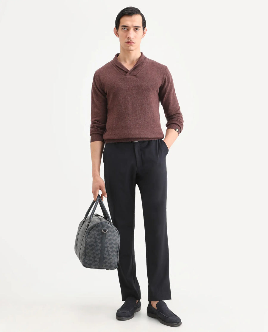 Rare Rabbit Men's Denvy Brown Cotton Plain Regular Fit Full Sleeve Shawl Neck Sweater