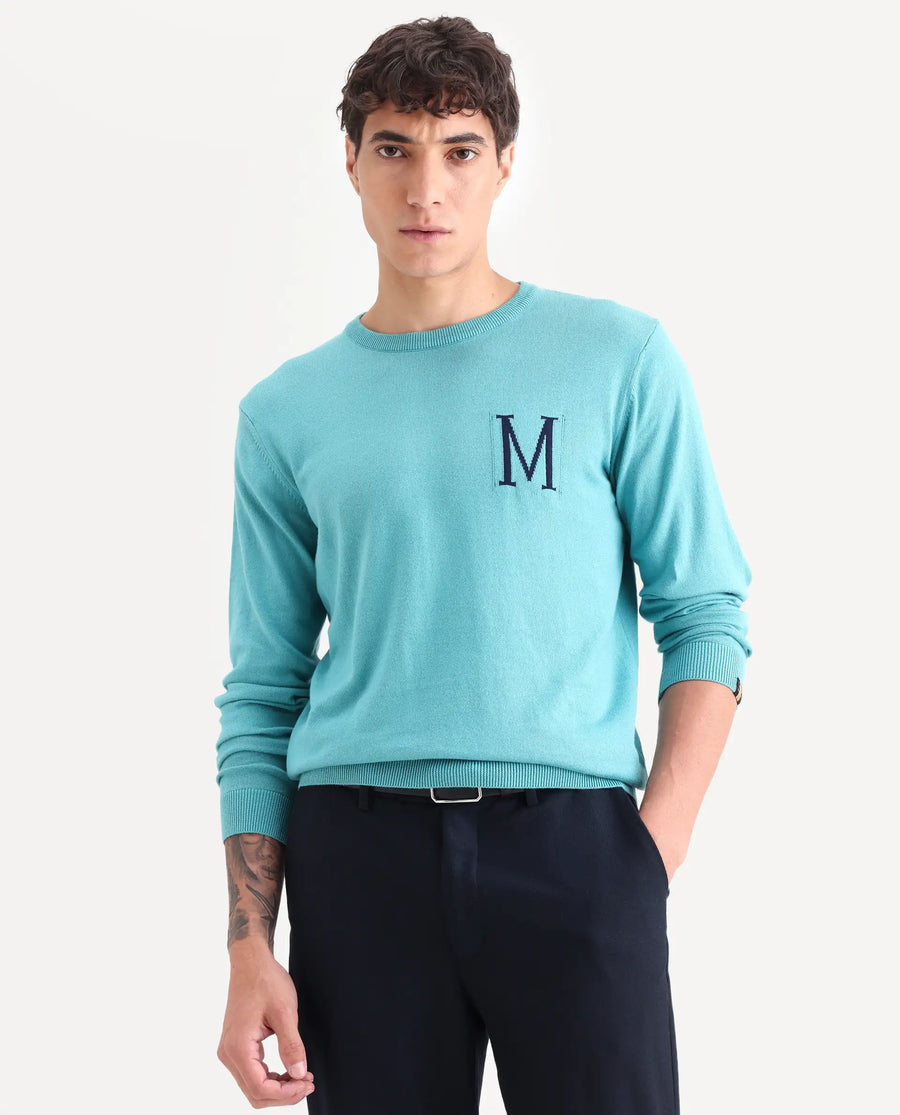Rare Rabbit Men's Alba Blue Cotton Jacquard Regular Fit Full Sleeve Crew Neck Sweater