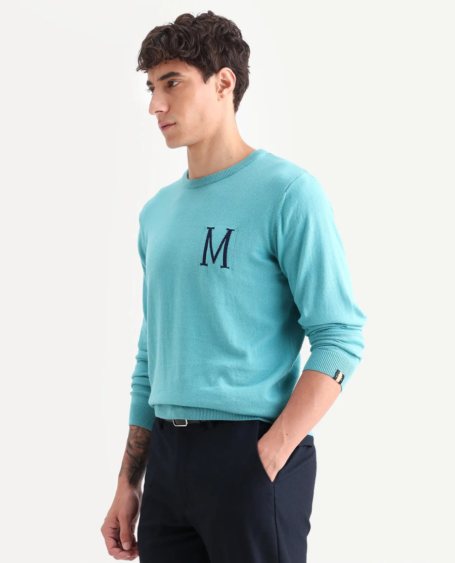 Rare Rabbit Men's Alba Blue Cotton Jacquard Regular Fit Full Sleeve Crew Neck Sweater