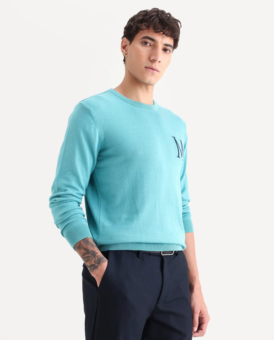 Rare Rabbit Men's Alba Blue Cotton Jacquard Regular Fit Full Sleeve Crew Neck Sweater