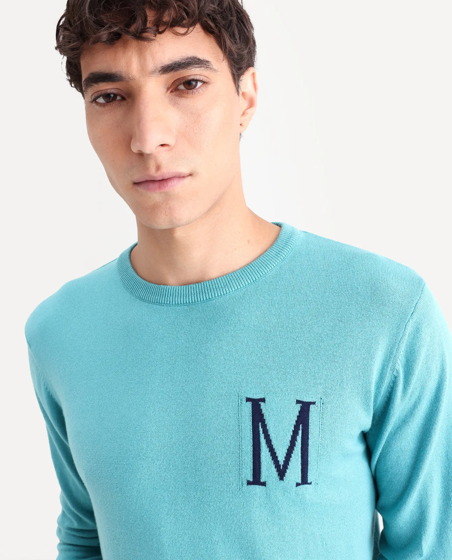 Rare Rabbit Men's Alba Blue Cotton Jacquard Regular Fit Full Sleeve Crew Neck Sweater