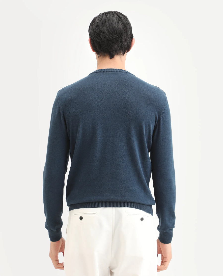Rare Rabbit Men's Carr Petrol Cotton Jacquard Relaxed Fit Full Sleeve Crew Neck Sweater