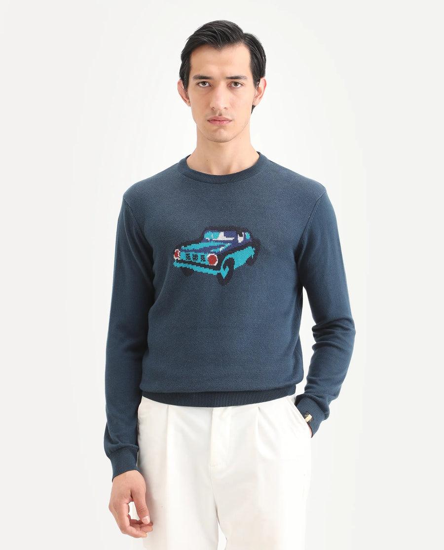 Rare Rabbit Men's Carr Petrol Cotton Jacquard Relaxed Fit Full Sleeve Crew Neck Sweater