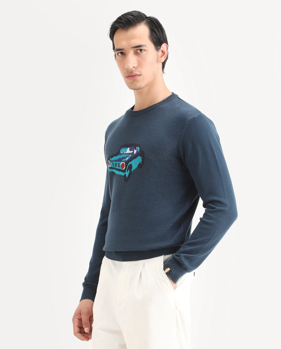 Rare Rabbit Men's Carr Petrol Cotton Jacquard Relaxed Fit Full Sleeve Crew Neck Sweater