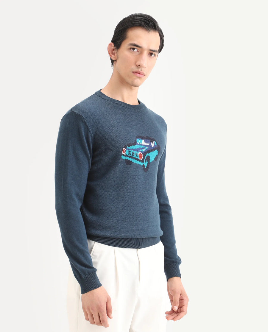 Rare Rabbit Men's Carr Petrol Cotton Jacquard Relaxed Fit Full Sleeve Crew Neck Sweater