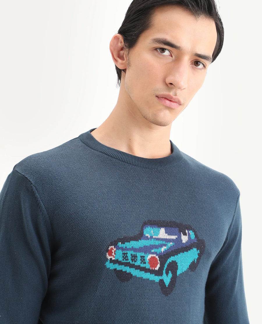 Rare Rabbit Men's Carr Petrol Cotton Jacquard Relaxed Fit Full Sleeve Crew Neck Sweater