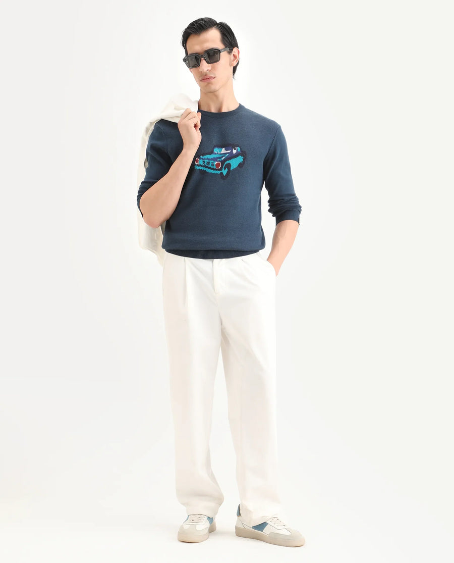 Rare Rabbit Men's Carr Petrol Cotton Jacquard Relaxed Fit Full Sleeve Crew Neck Sweater
