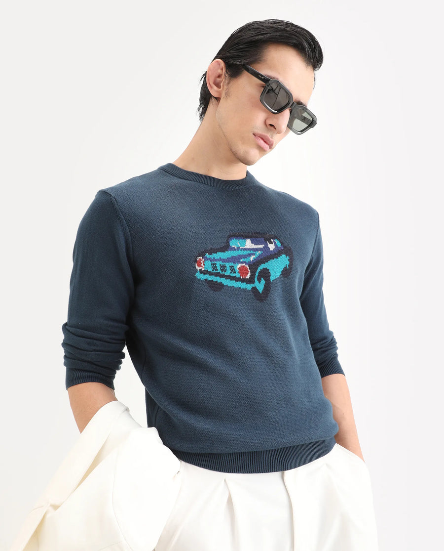 Rare Rabbit Men's Carr Petrol Cotton Jacquard Relaxed Fit Full Sleeve Crew Neck Sweater