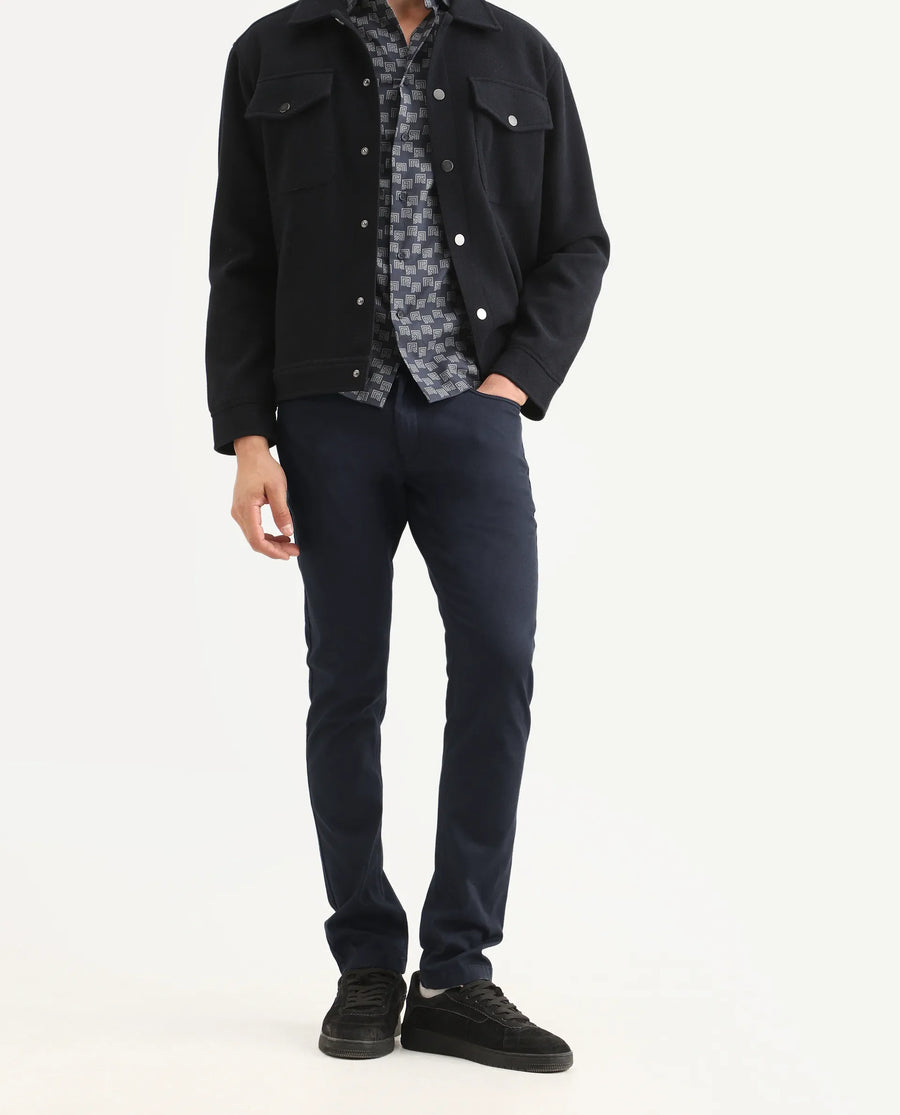Rare Rabbit Men's Poke Navy Cotton Plain Regular Fit Trouser