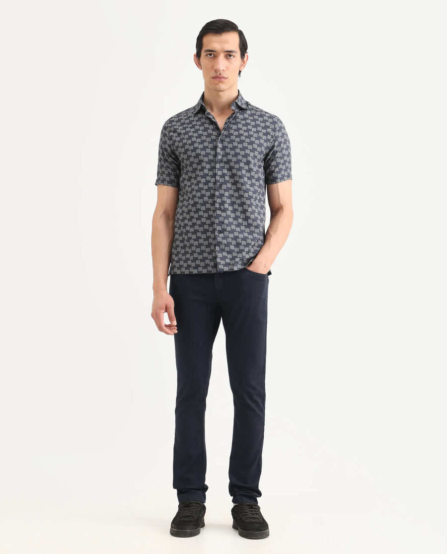 Rare Rabbit Men's Poke Navy Cotton Plain Regular Fit Trouser