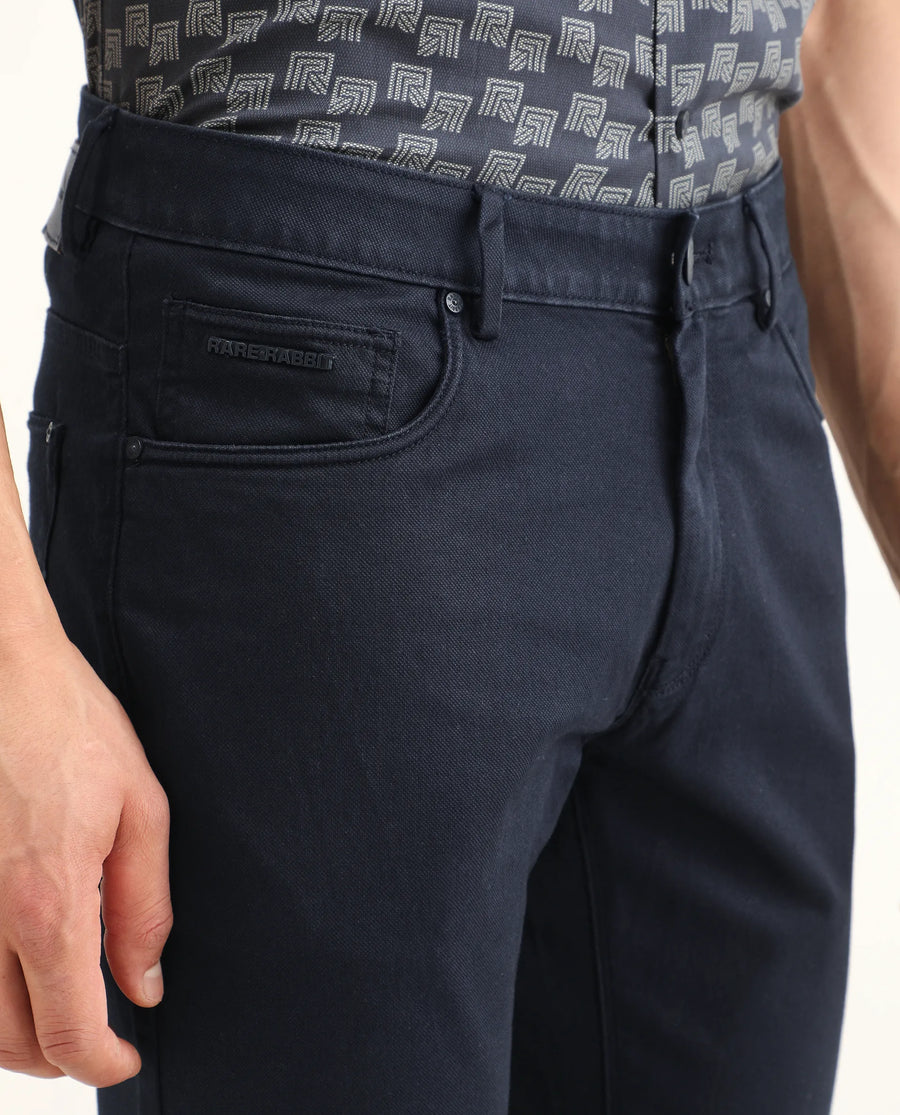 Rare Rabbit Men's Poke Navy Cotton Plain Regular Fit Trouser