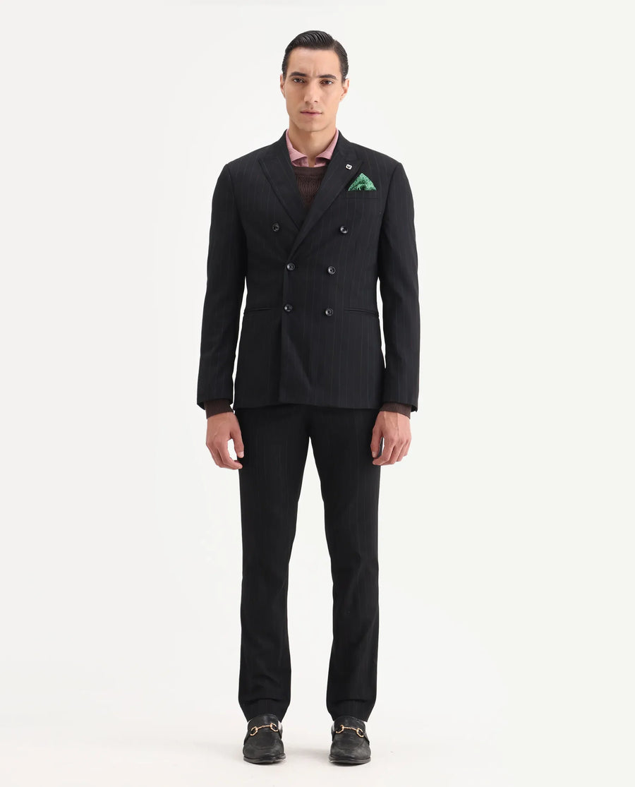 Rare Rabbit Men's Markus Black Polyester Plain Tailored Fit Full Sleeve Lapel Neck Suits