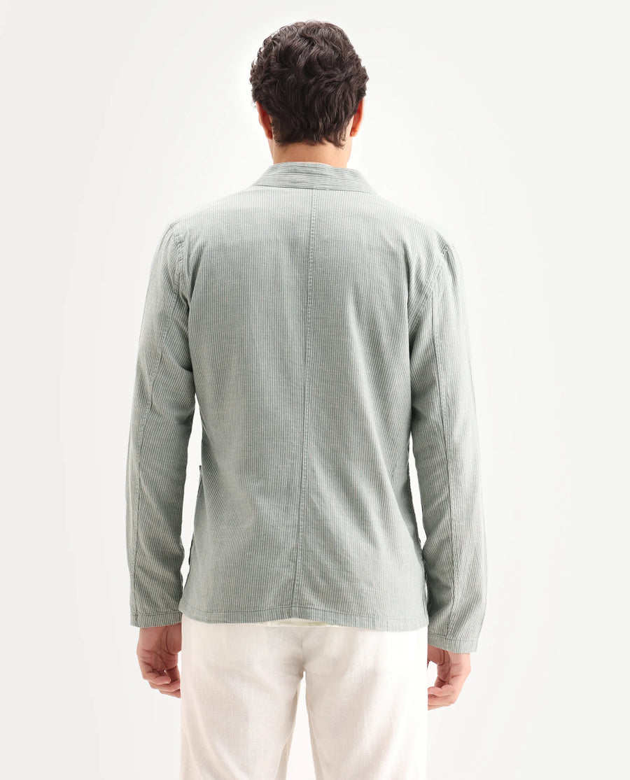 Rare Rabbit Men's Trex Green Linen Blend Striped Print Regular Fit Full Sleeve Mandarin Collar Jacket