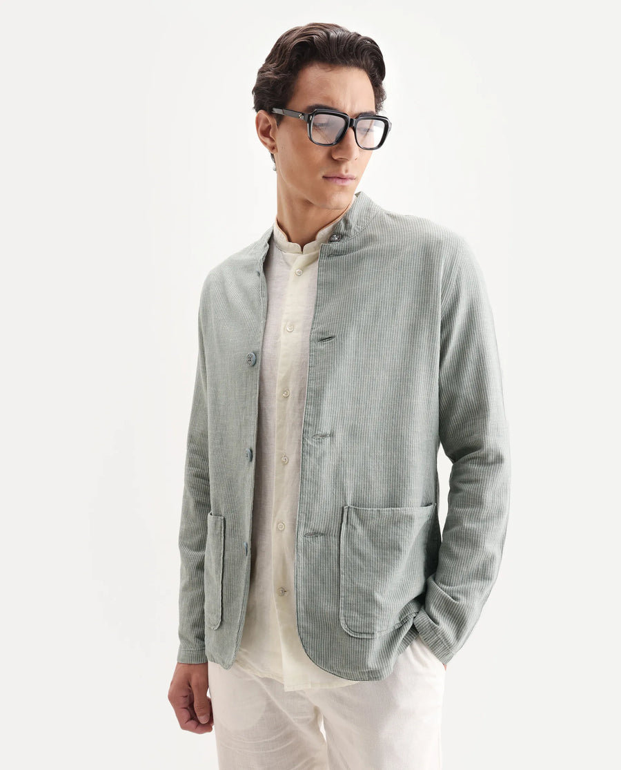 Rare Rabbit Men's Trex Green Linen Blend Striped Print Regular Fit Full Sleeve Mandarin Collar Jacket