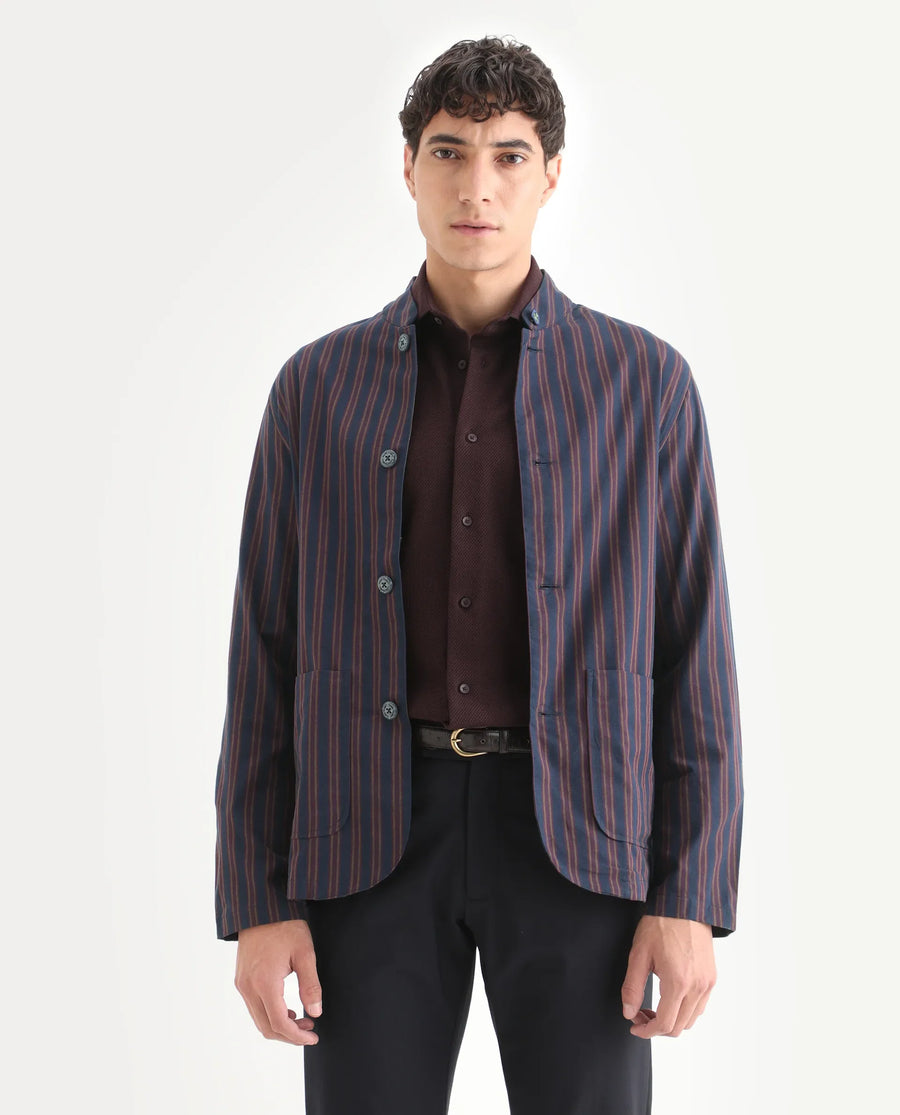 Rare Rabbit Men's Banner Navy Cotton Striped Print Regular Fit Full Sleeve Mandarin Collar Jacket