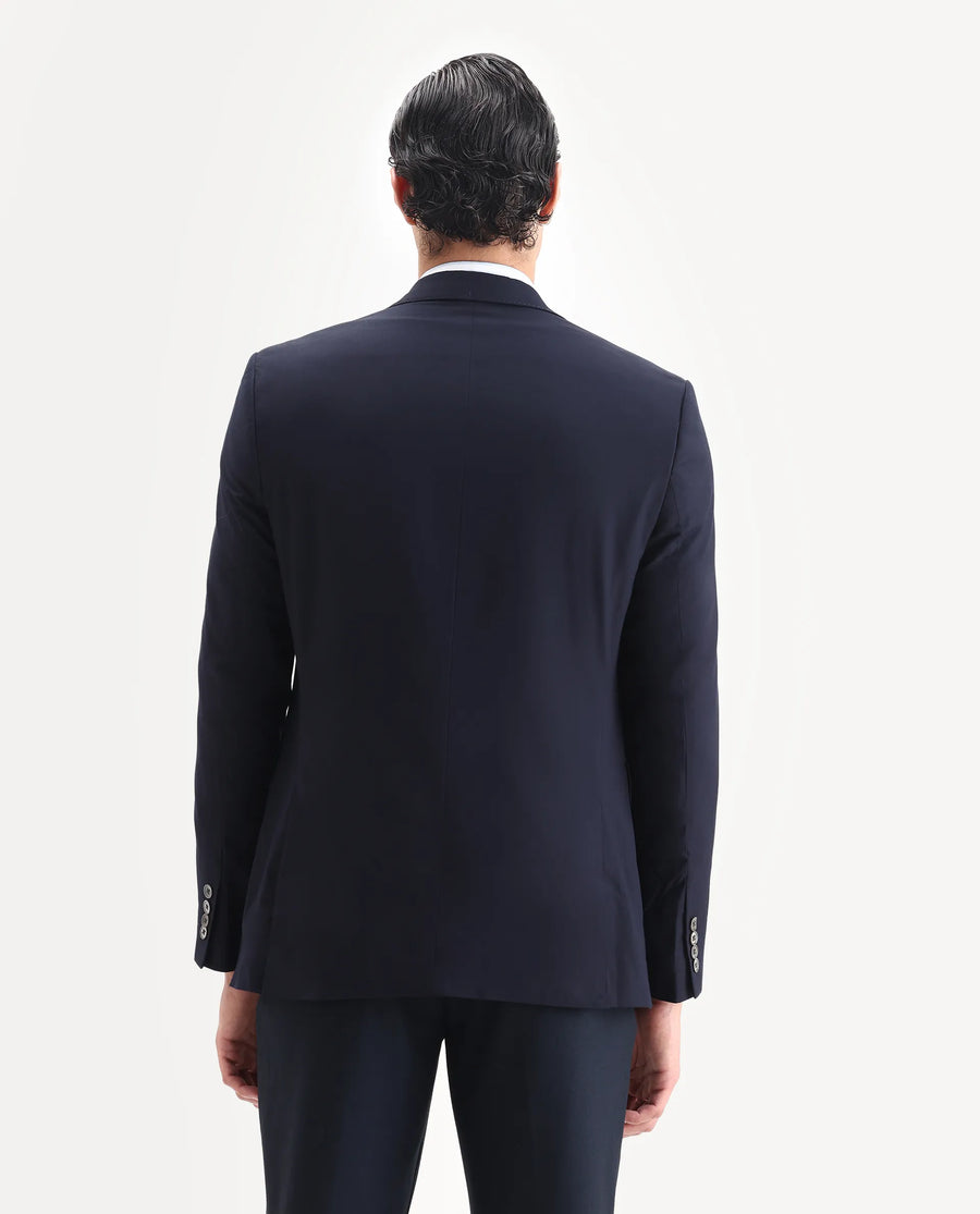 Rare Rabbit Men's Vitara Navy Cotton Plain Tailored Fit Full Sleeve Lapel Neck Blazer