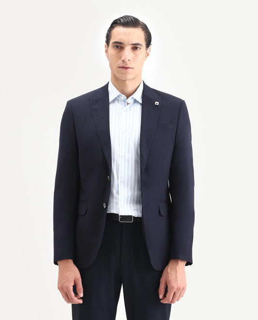 Rare Rabbit Men's Vitara Navy Cotton Plain Tailored Fit Full Sleeve Lapel Neck Blazer