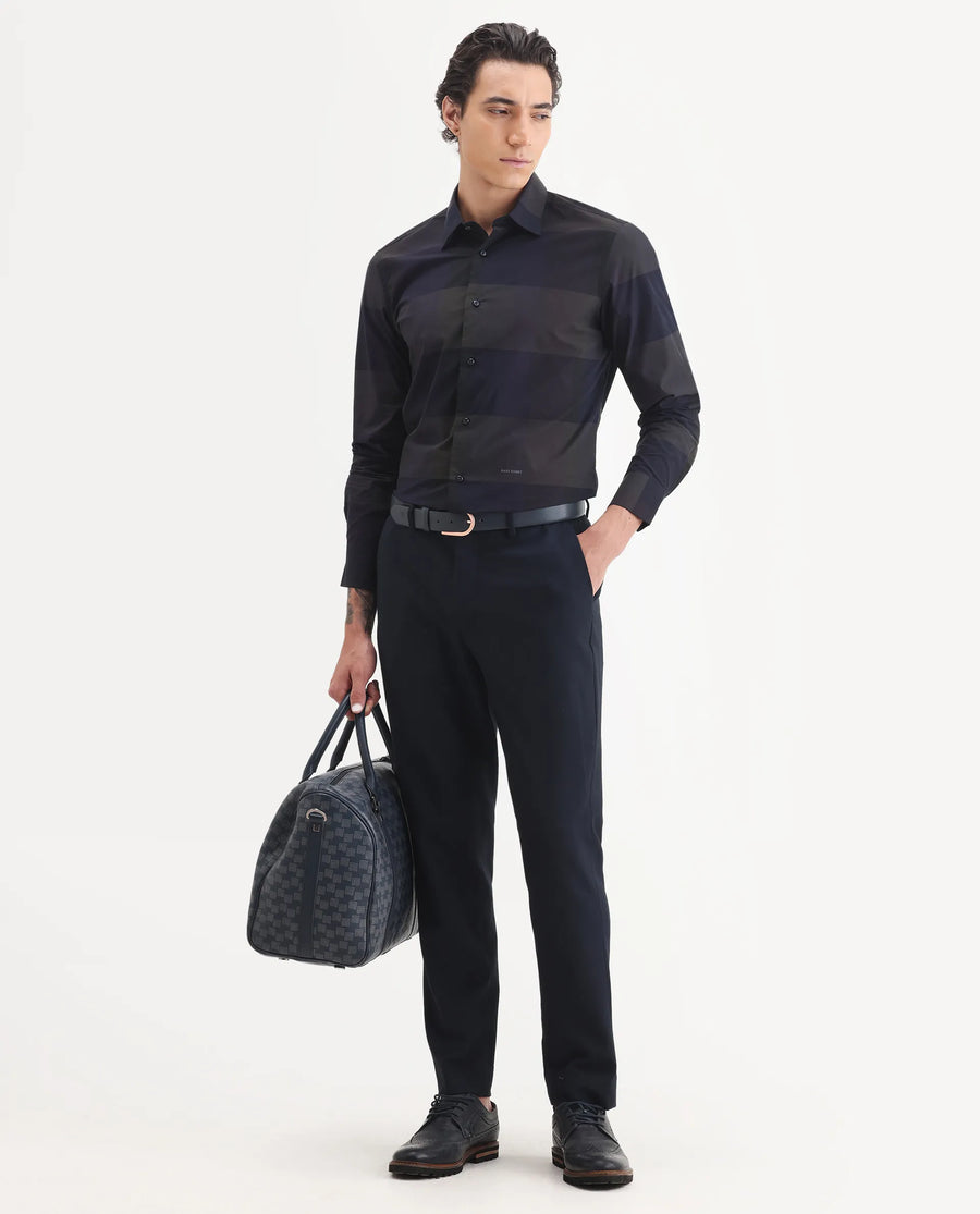 Rare Rabbit Men's Tronte Navy Cotton Checked Print Regular Fit Full Sleeve Collared Shirt